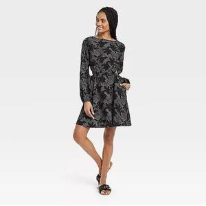 NWT, Women's Universal Thread Black Floral Linen Blend Long Sleeve X-Small Dress